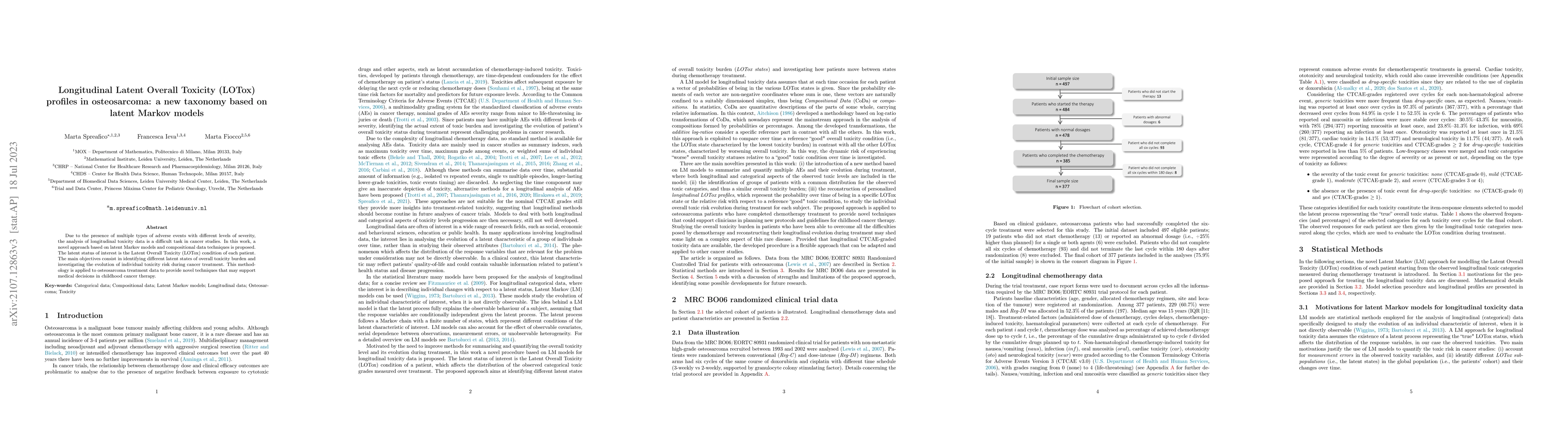 Thumbnail for Longitudinal Latent Overall Toxicity (LOTox) profiles in osteosarcoma: a
  new taxonomy based on latent Markov models