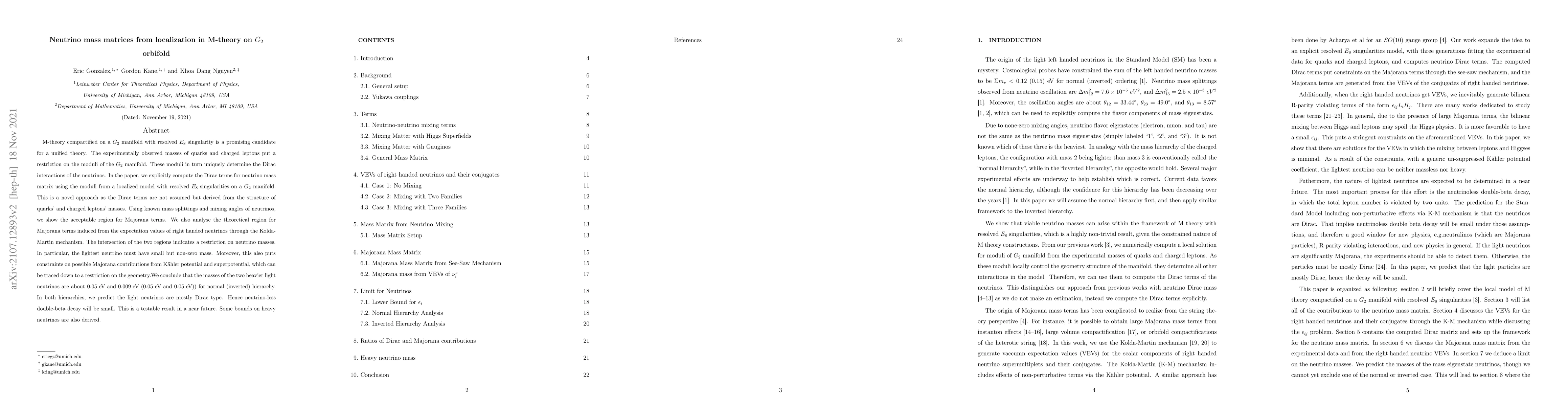 Thumbnail for Neutrino mass matrices from localization in M-theory on $G_2$ orbifold