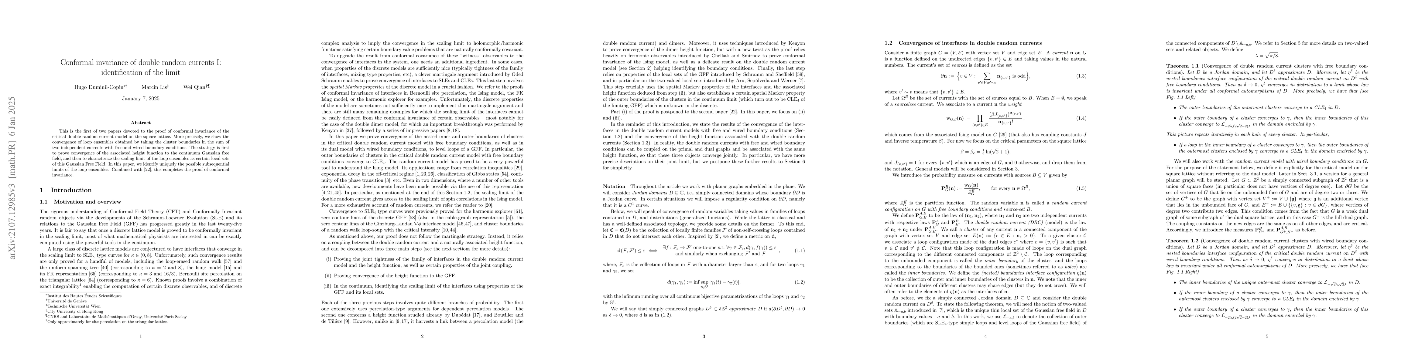 Thumbnail for Conformal invariance of double random currents I: identification of the
  limit