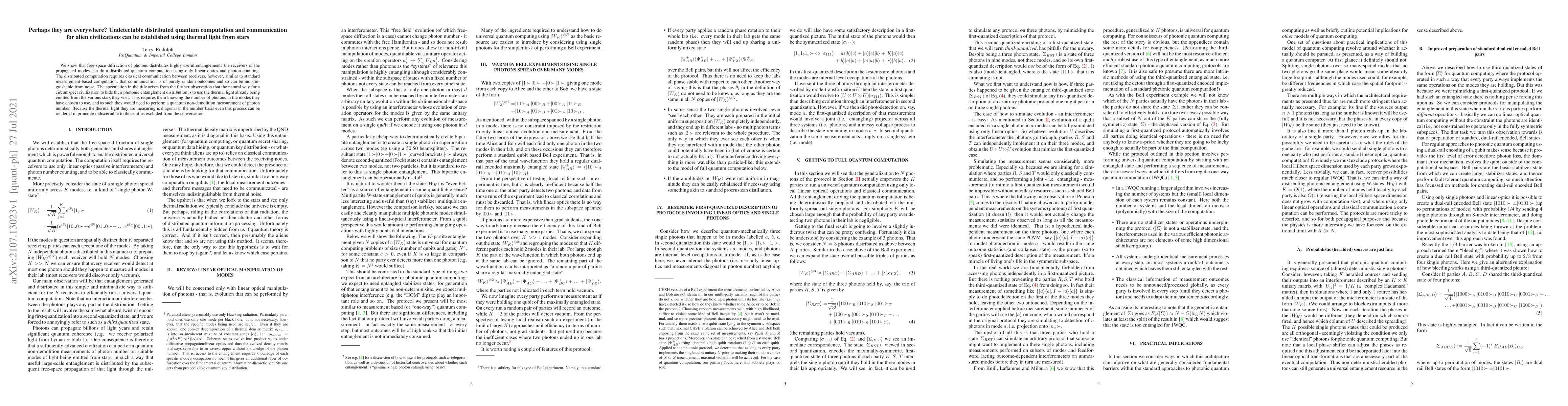 Thumbnail for Perhaps they are everywhere? Undetectable distributed quantum
  computation and communication for alien civilizations can be established
  using thermal light from stars