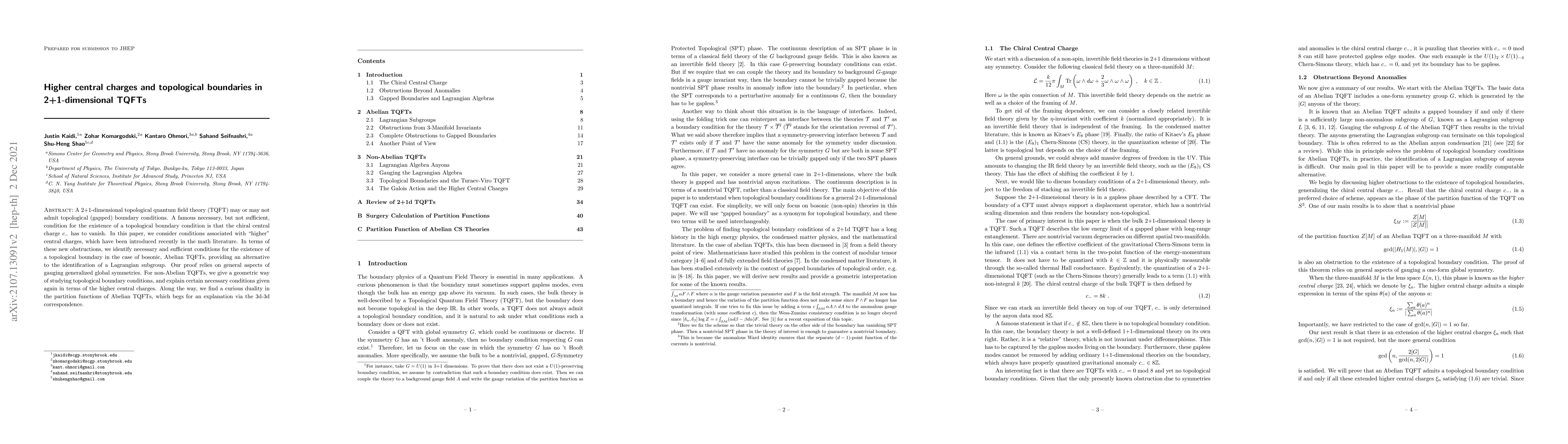 Thumbnail for Higher central charges and topological boundaries in 2+1-dimensional
  TQFTs
