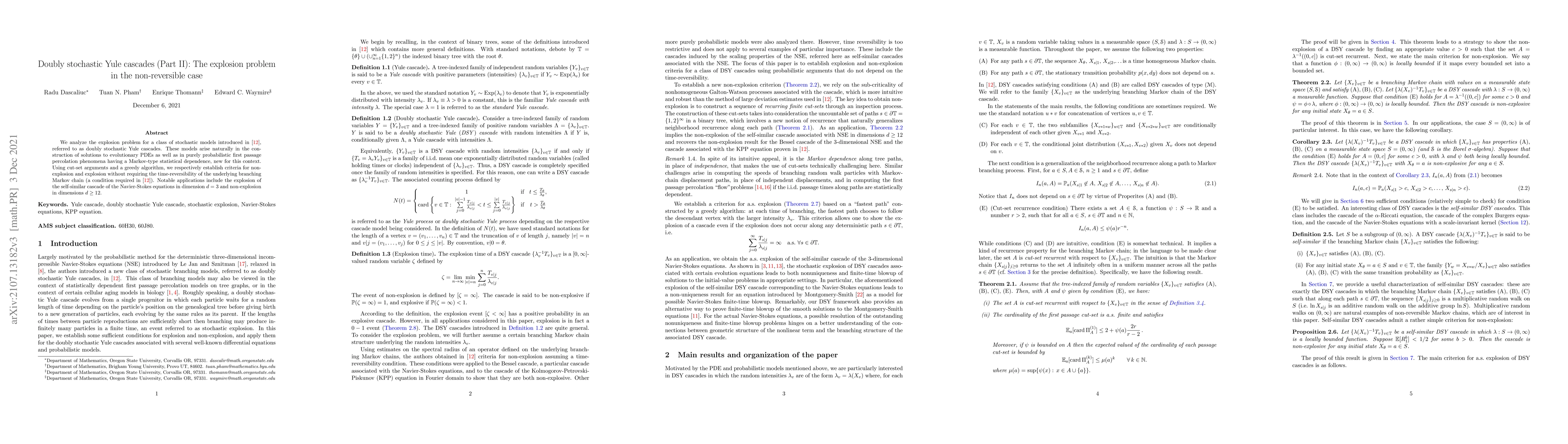 Thumbnail for Doubly stochastic Yule cascades (Part II): The explosion problem in the
  non-reversible case