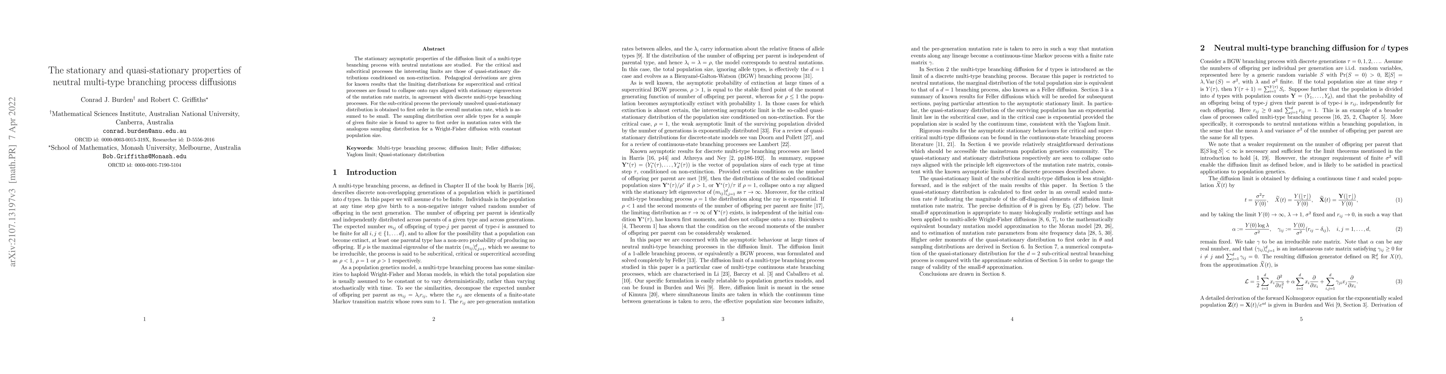 Thumbnail for The stationary and quasi-stationary properties of neutral multi-type
  branching process diffusions