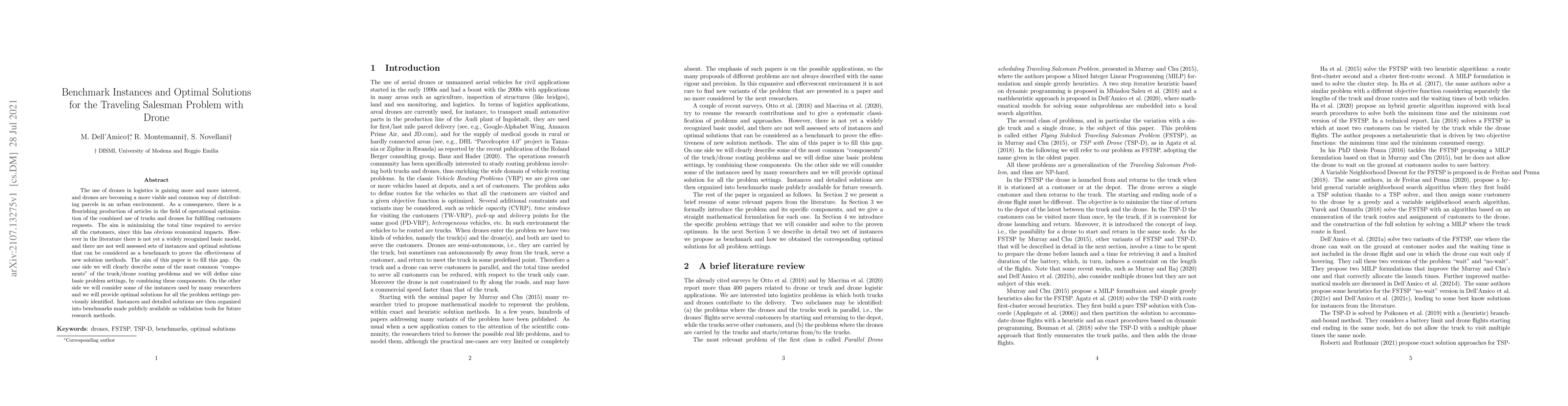 Thumbnail for Benchmark Instances and Optimal Solutions for the Traveling Salesman
  Problem with Drone