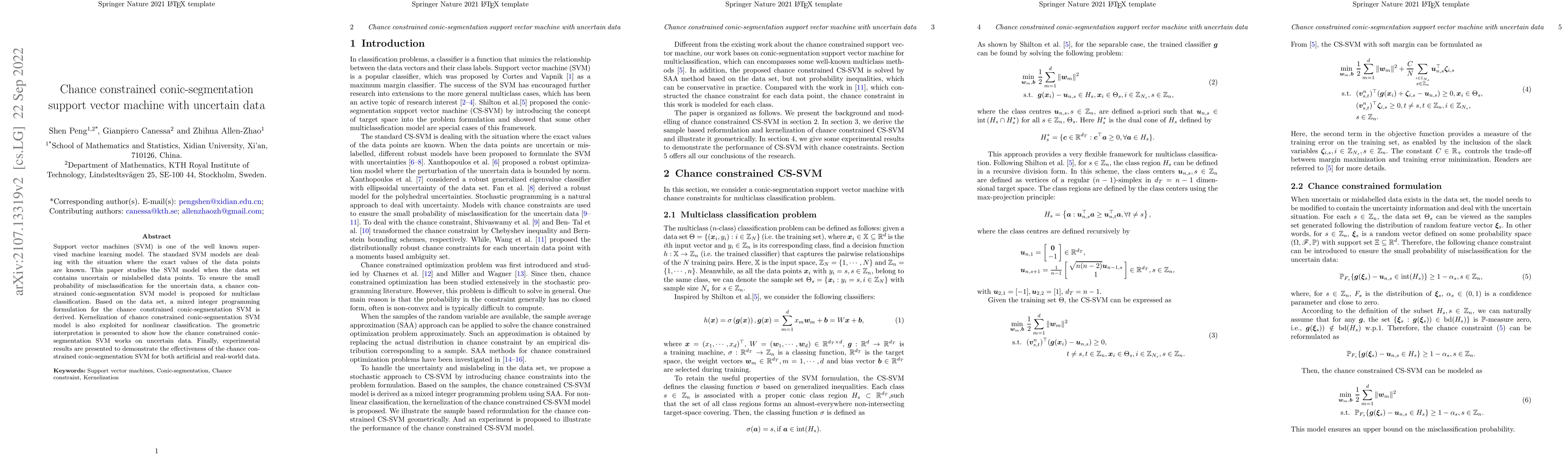 Thumbnail for Chance constrained conic-segmentation support vector machine with
  uncertain data