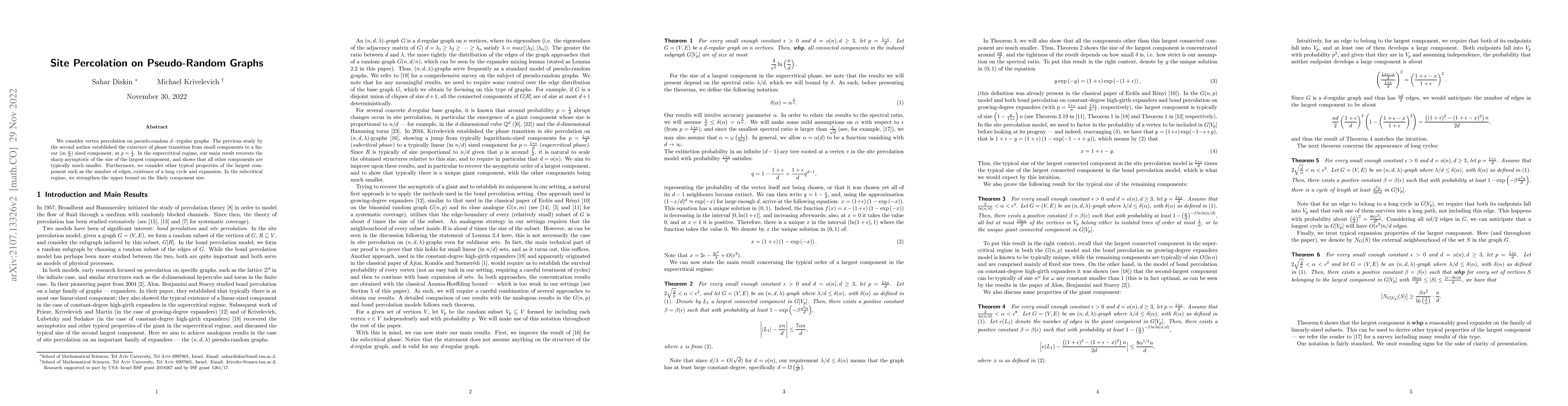 Thumbnail for Site Percolation on Pseudo-Random Graphs