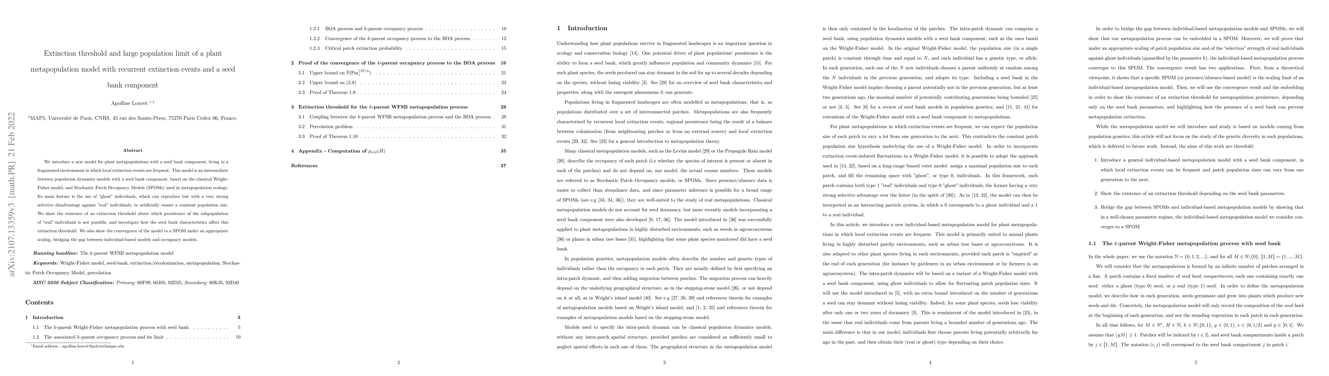 Thumbnail for Extinction threshold and large population limit of a plant
  metapopulation model with recurrent extinction events and a seed bank
  component