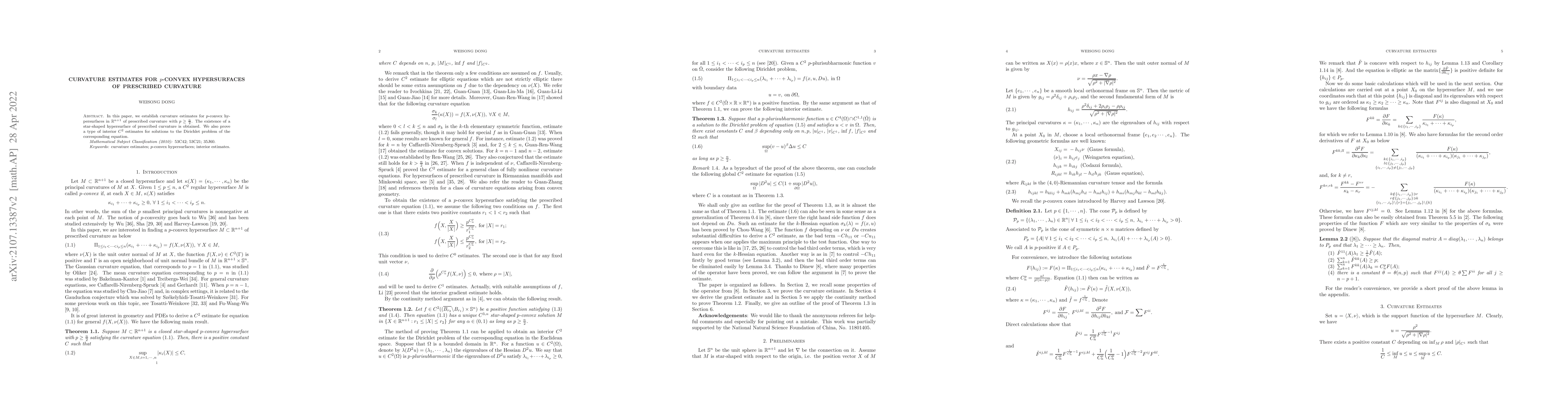 Thumbnail for Curvature estimates for $p$-convex hypersurfaces of prescribed curvature