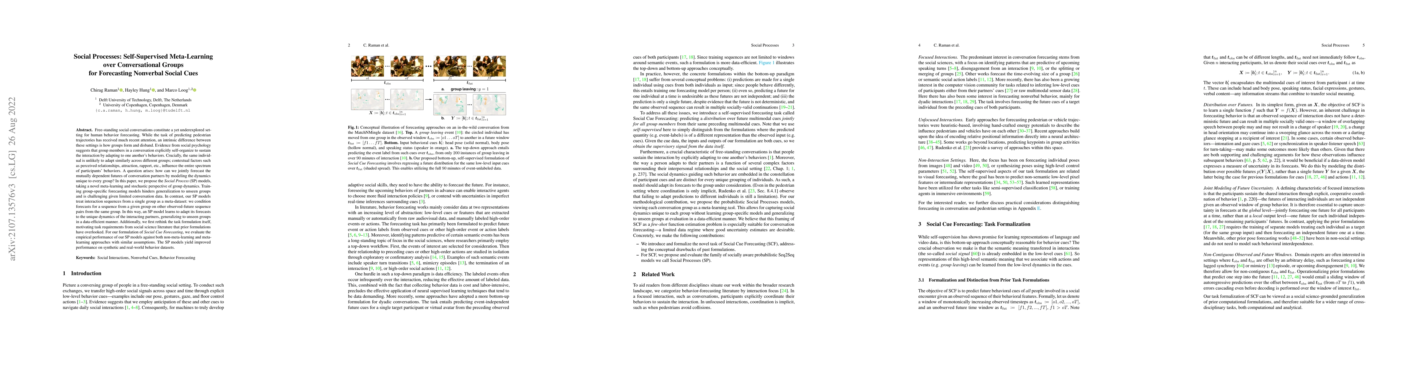 Thumbnail for Social Processes: Self-Supervised Meta-Learning over Conversational
  Groups for Forecasting Nonverbal Social Cues