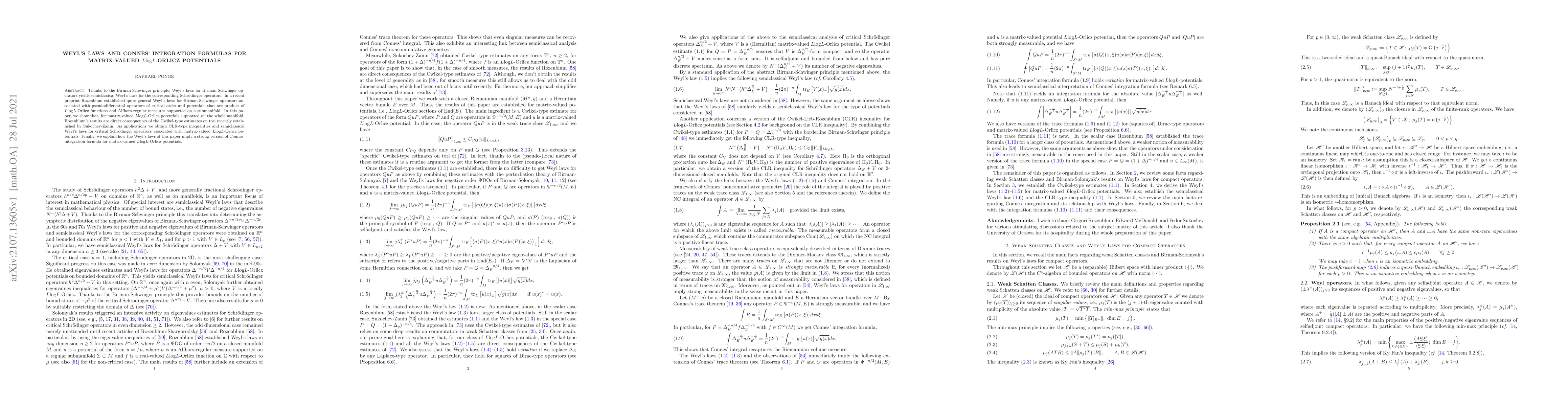 Thumbnail for Weyl's laws and Connes' integration formulas for matrix-valued $L\log
  L$-Orlicz potentials