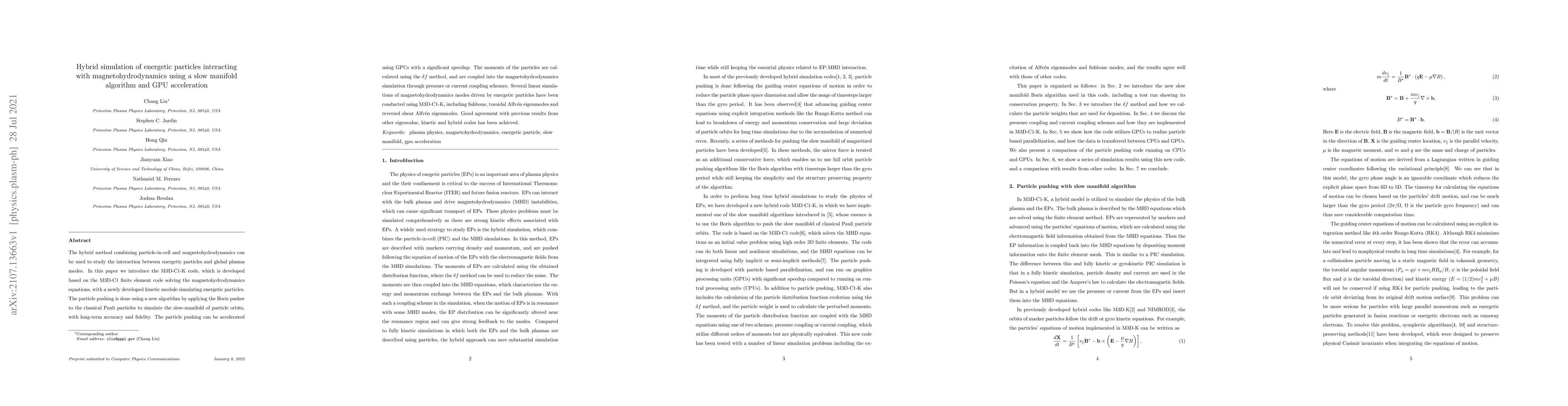 Thumbnail for Hybrid simulation of energetic particles interacting with
  magnetohydrodynamics using a slow manifold algorithm and GPU acceleration