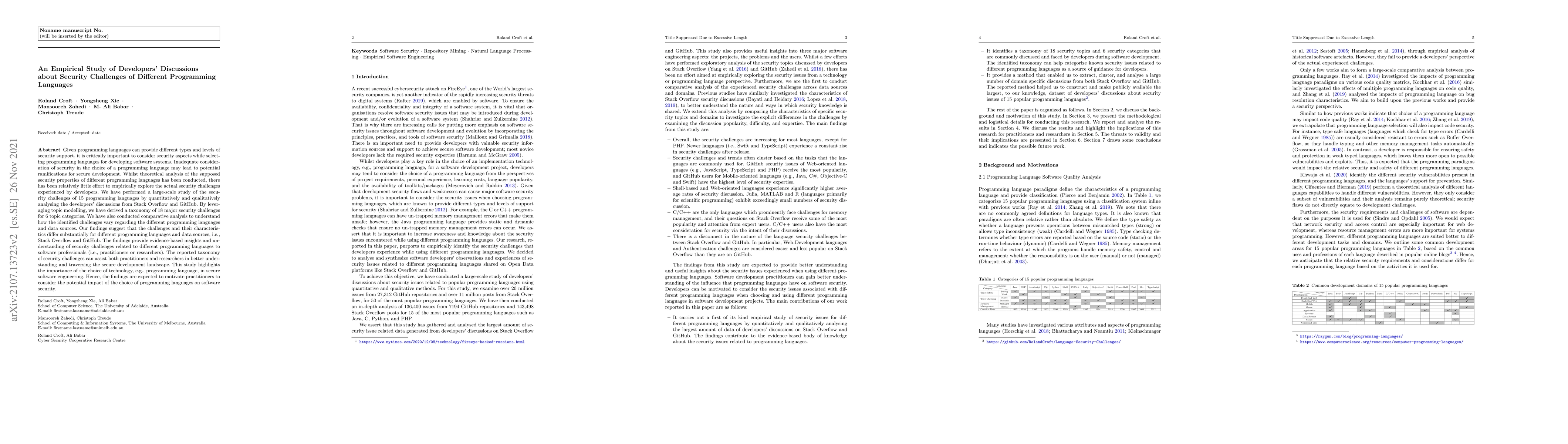 Thumbnail for An Empirical Study of Developers' Discussions about Security Challenges
  of Different Programming Languages
