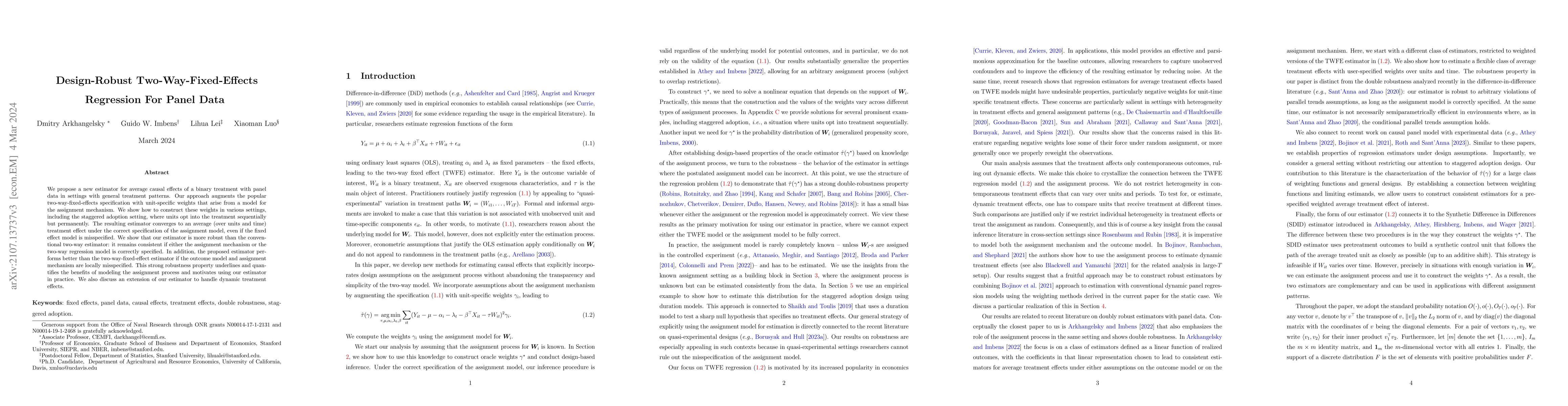Thumbnail for Design-Robust Two-Way-Fixed-Effects Regression For Panel Data