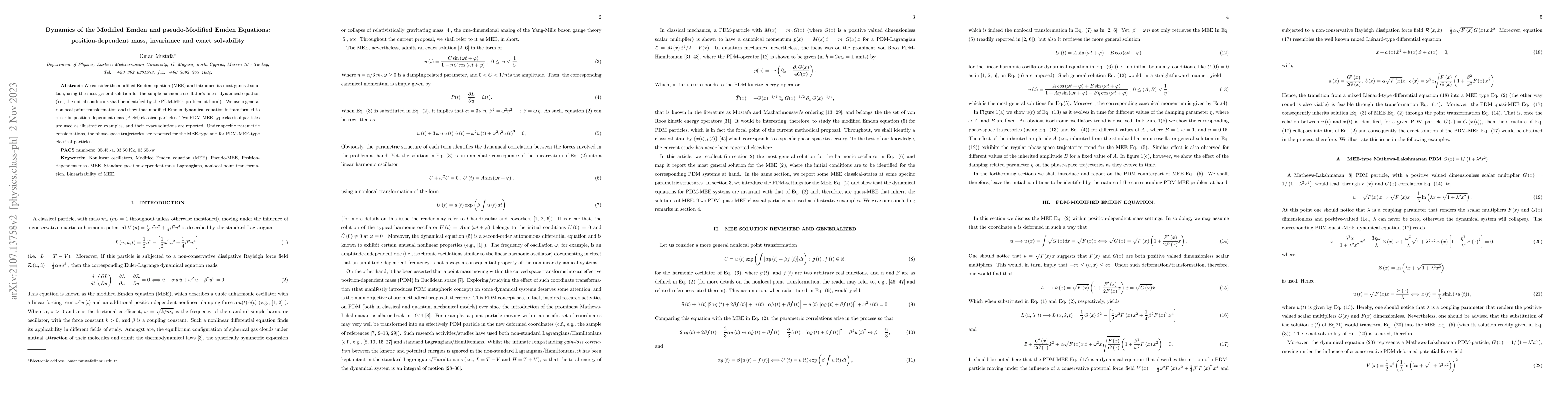 Thumbnail for Dynamics of the Modified Emden and pseudo-Modified Emden Equations:
  position-dependent mass, invariance and exact solvability
