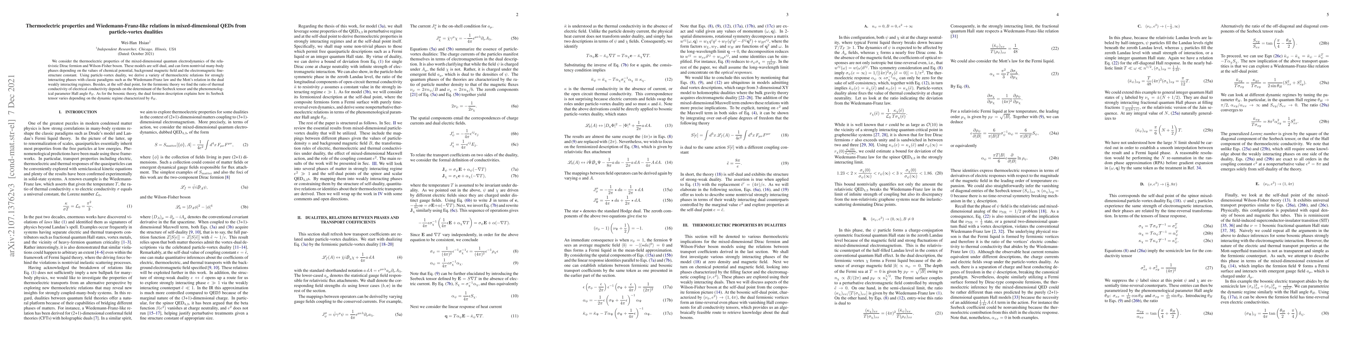 Thumbnail for Thermoelectric properties and Wiedemann-Franz like relations in
  mixed-dimensional QEDs from particle-vortex dualities