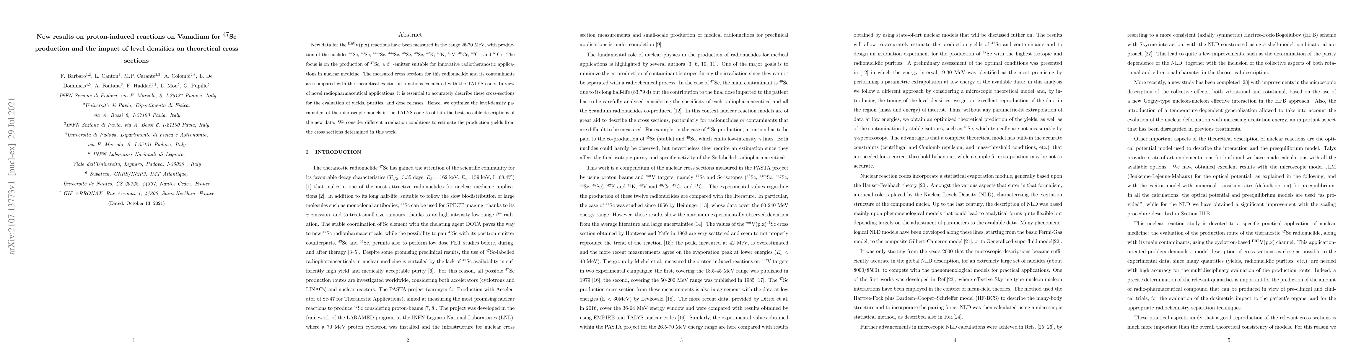 Thumbnail for New results on proton-induced reactions on Vanadium for $^{47}$Sc
  production and the impact of level densities on theoretical cross sections