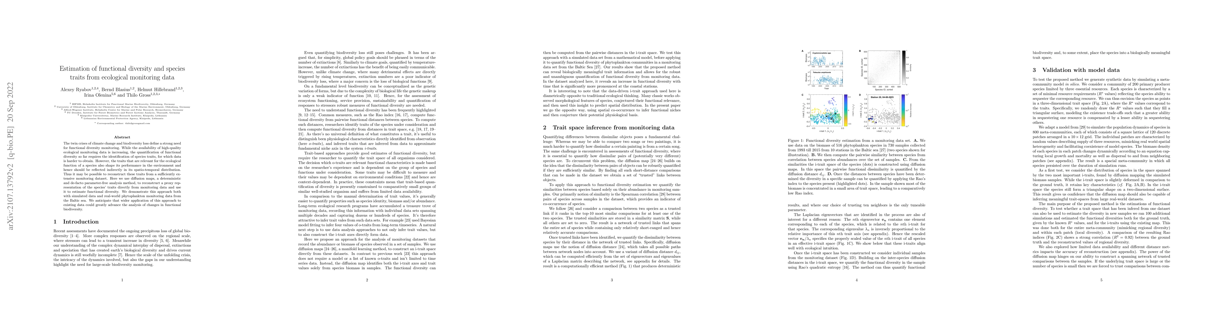 Thumbnail for Estimation of functional diversity and species traits from ecological
  monitoring data