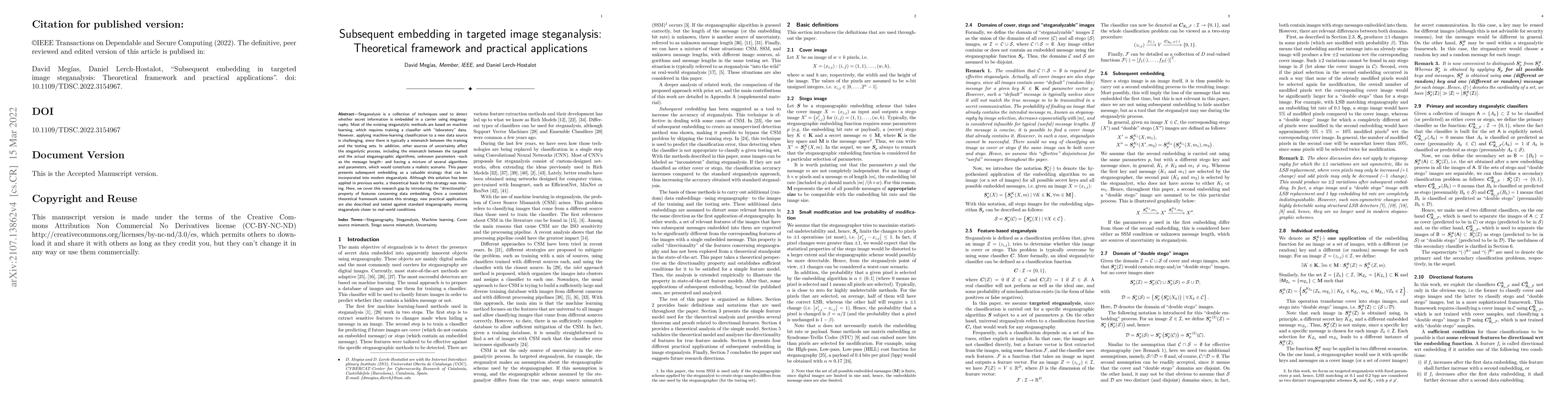 Thumbnail for Subsequent embedding in targeted image steganalysis: Theoretical
  framework and practical applications