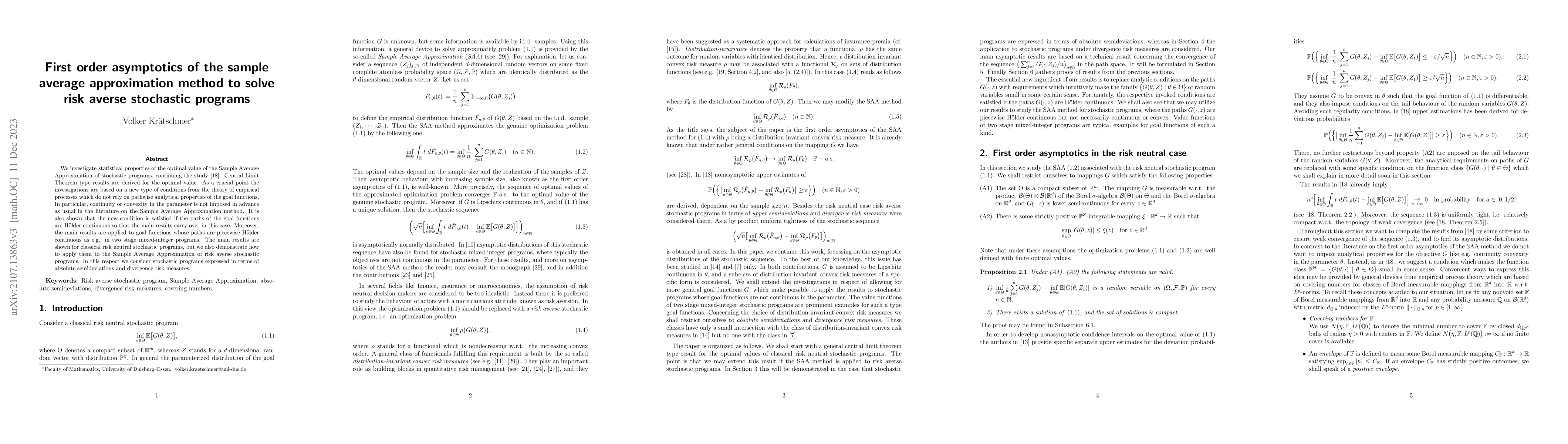 Thumbnail for First order asymptotics of the sample average approximation method to
  solve risk averse stochastic progams
