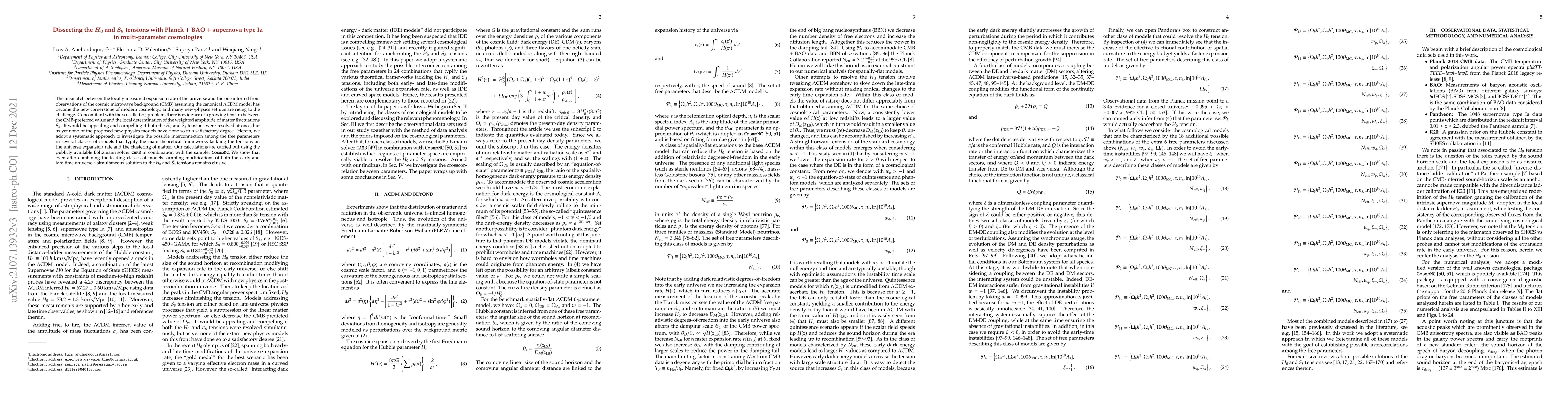 Thumbnail for Dissecting the $H_0$ and $S_8$ tensions with Planck + BAO + supernova
  type Ia in multi-parameter cosmologies