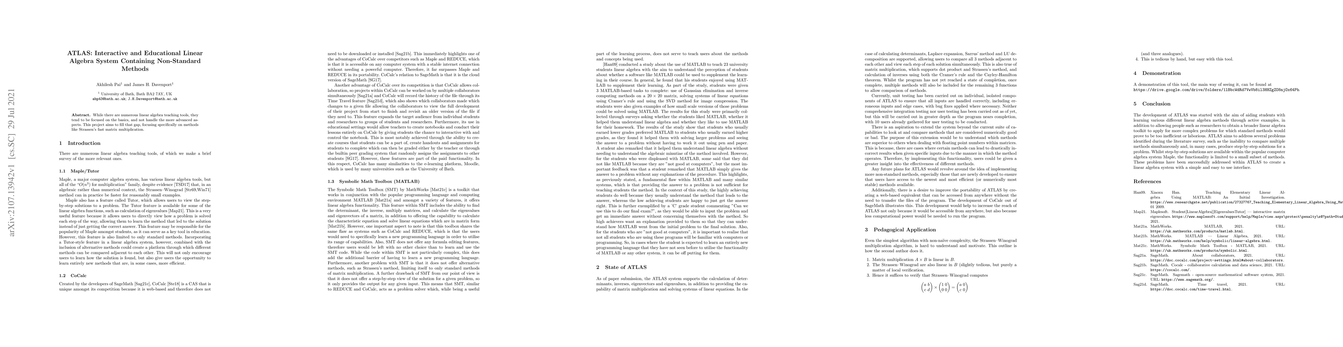Thumbnail for ATLAS: Interactive and Educational Linear Algebra System Containing
  Non-Standard Methods