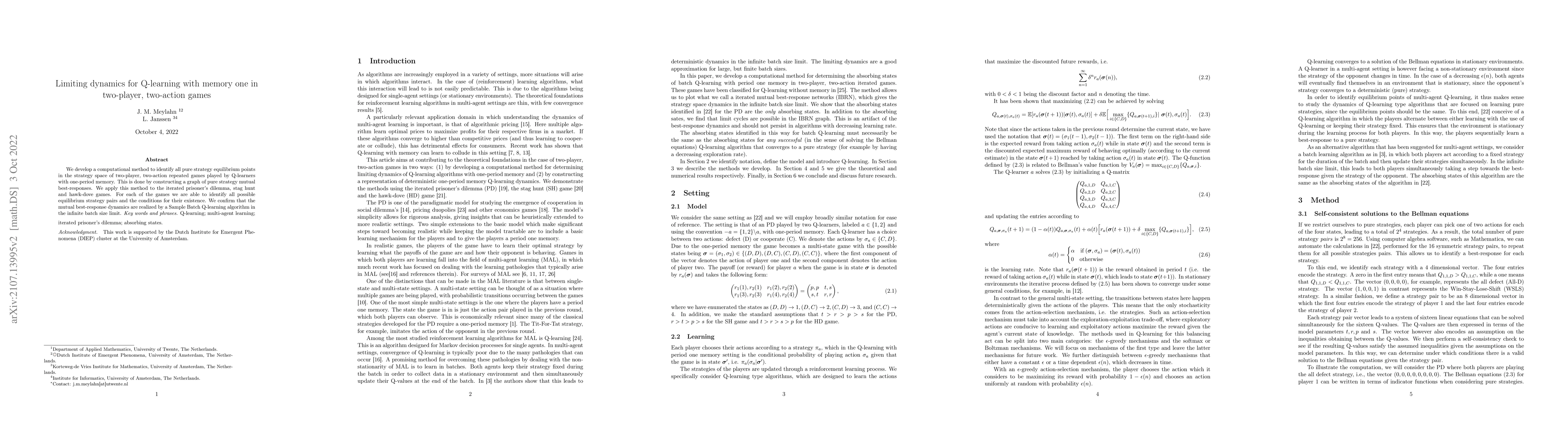 Thumbnail for Limiting dynamics for Q-learning with memory one in symmetric
  two-player, two-action games