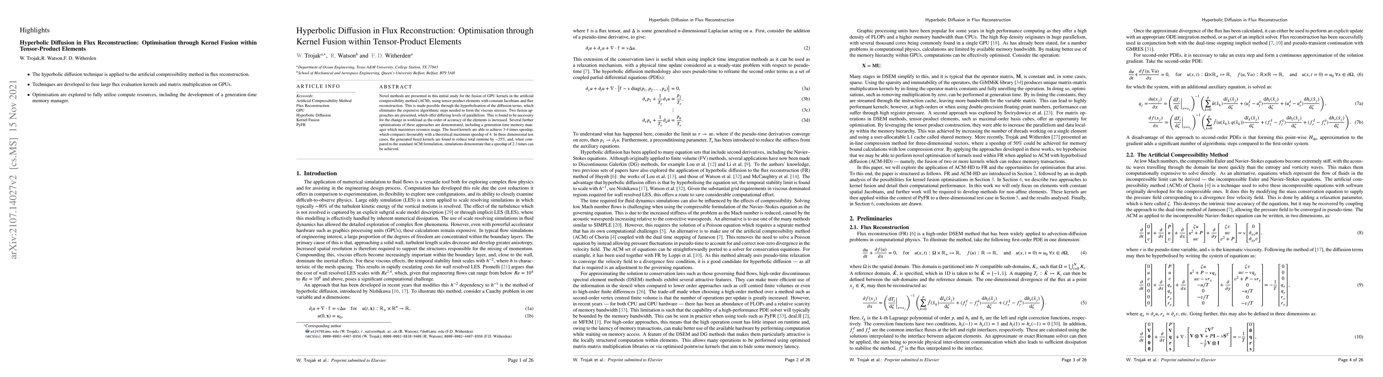 Thumbnail for Hyperbolic Diffusion in Flux Reconstruction: Optimisation through Kernel
  Fusion within Tensor-Product Elements