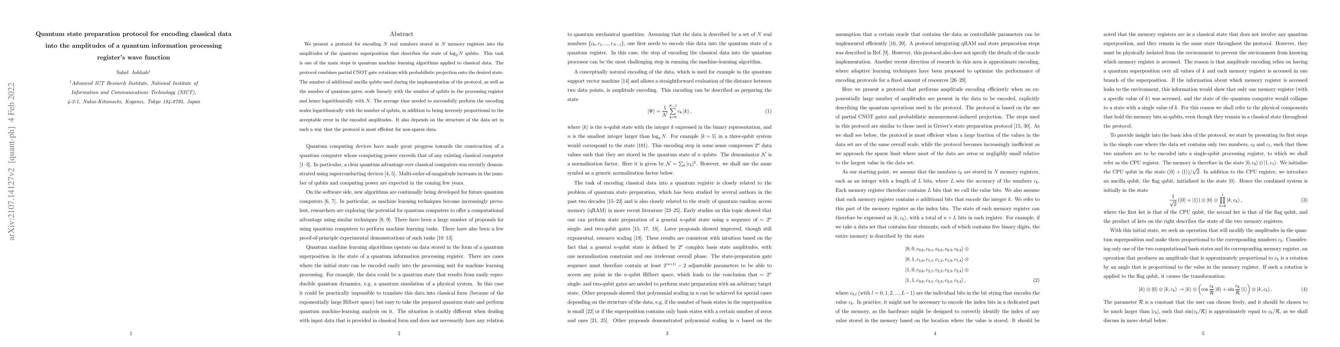 Thumbnail for Quantum state preparation protocol for encoding classical data into the
  amplitudes of a quantum information processing register's wave function