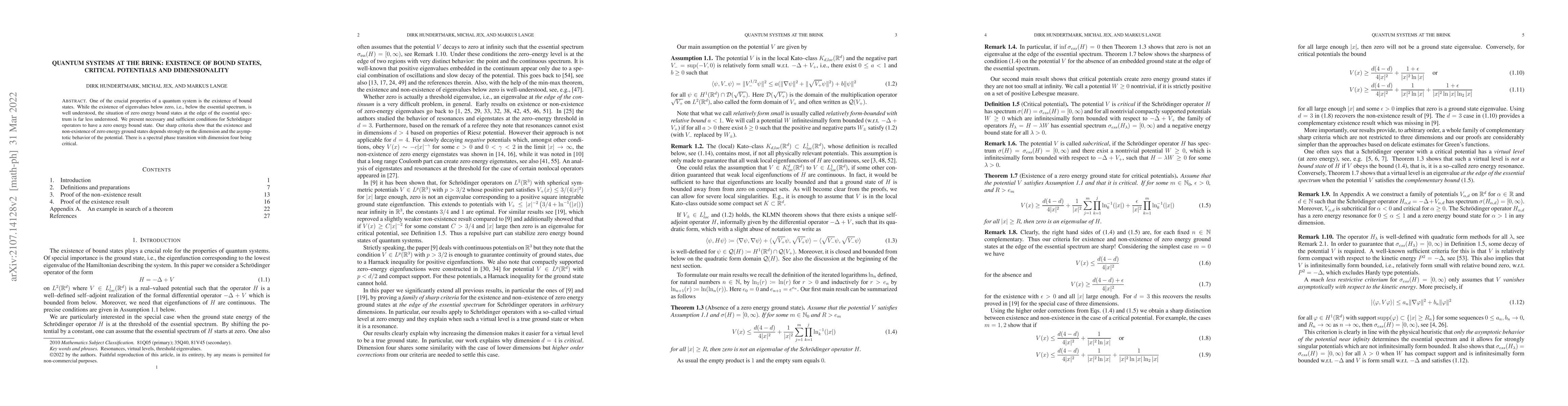 Thumbnail for Quantum Systems at the Brink: Existence of Bound States, Critical
  Potentials and Dimensionality