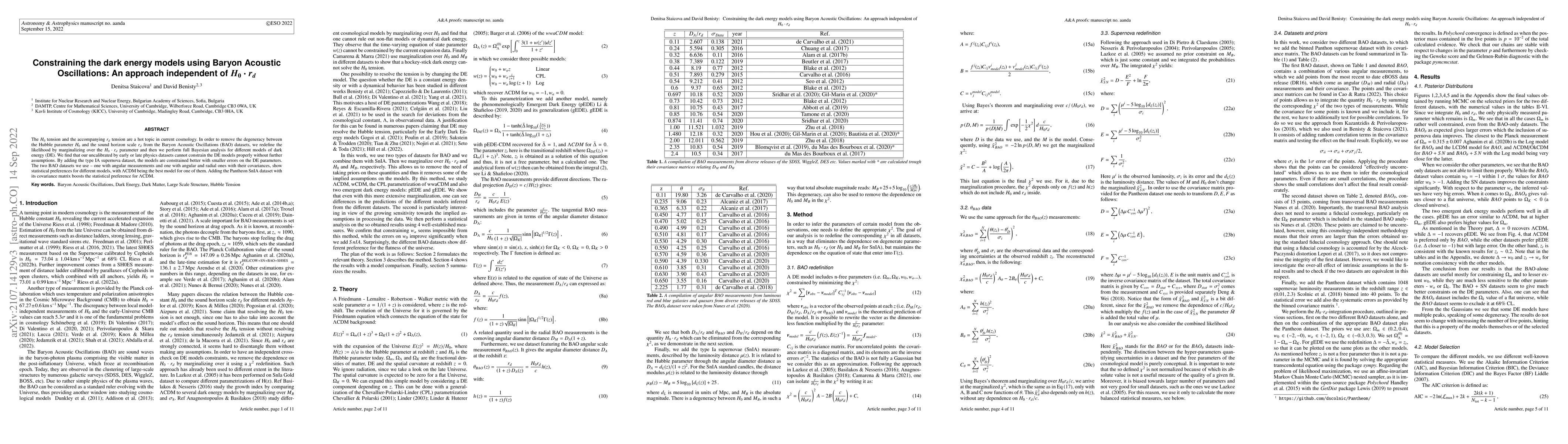 Thumbnail for Constraining the dark energy models using Baryon Acoustic Oscillations:
  An approach independent of $H_0 \cdot r_d$