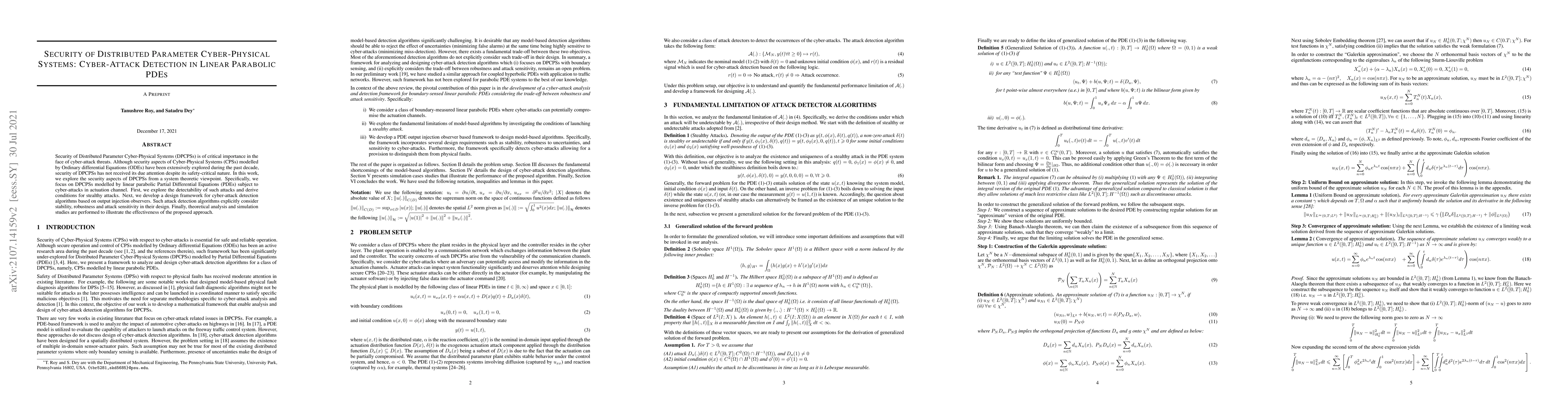 Thumbnail for Security of Distributed Parameter Cyber-Physical Systems: Cyber-Attack
  Detection in Linear Parabolic PDEs