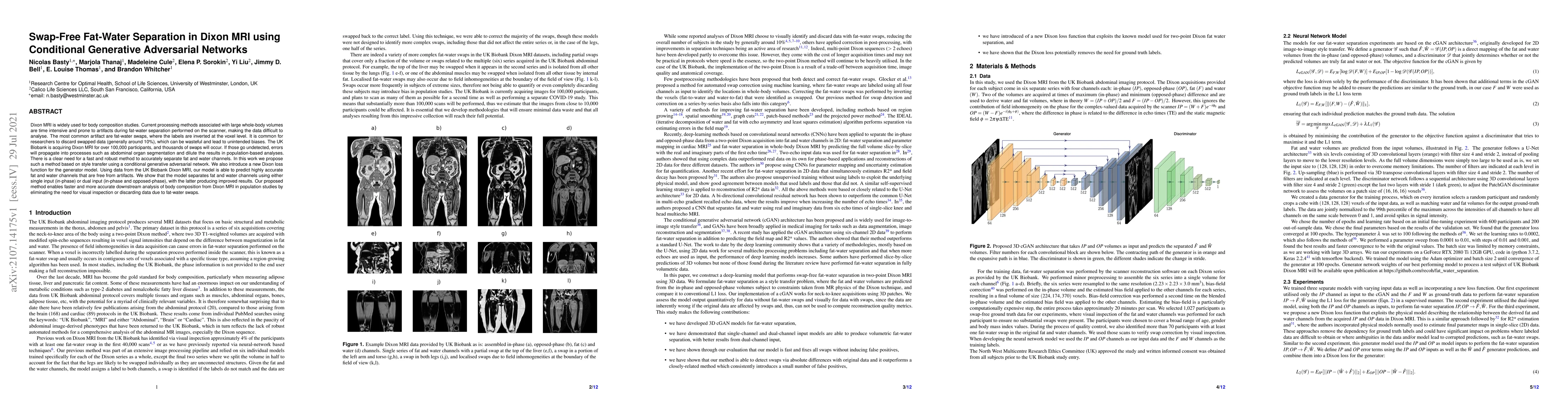 Thumbnail for Swap-Free Fat-Water Separation in Dixon MRI using Conditional Generative
  Adversarial Networks