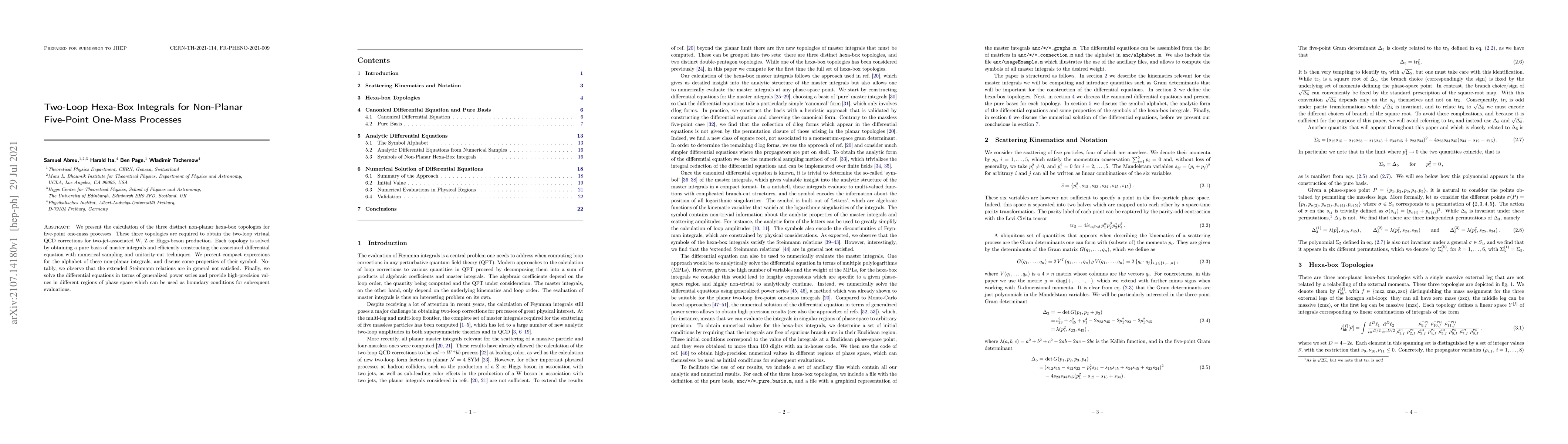 Thumbnail for Two-Loop Hexa-Box Integrals for Non-Planar Five-Point One-Mass Processes