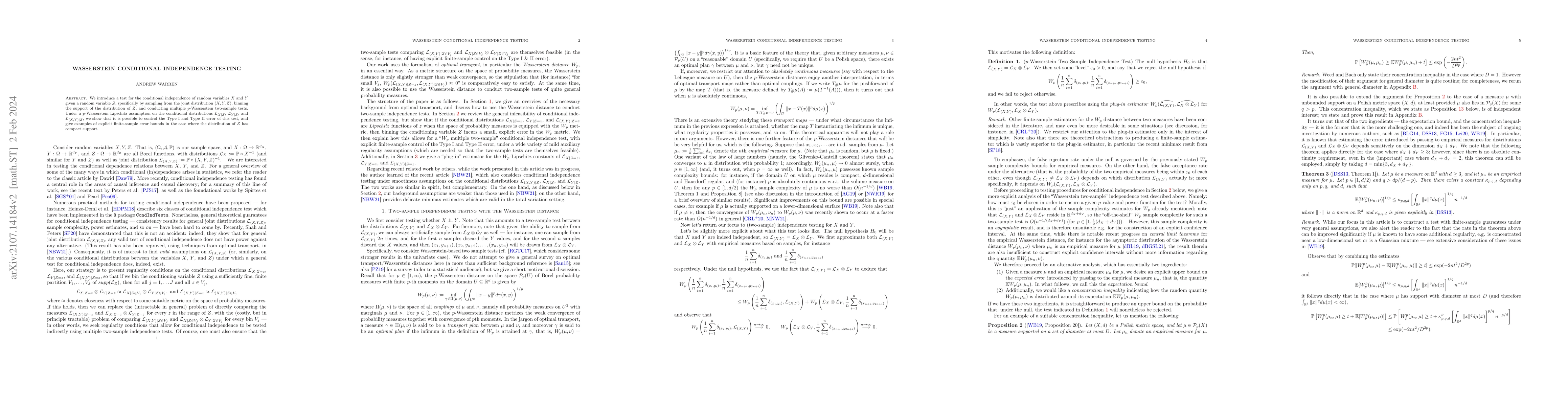 Thumbnail for Wasserstein Conditional Independence Testing