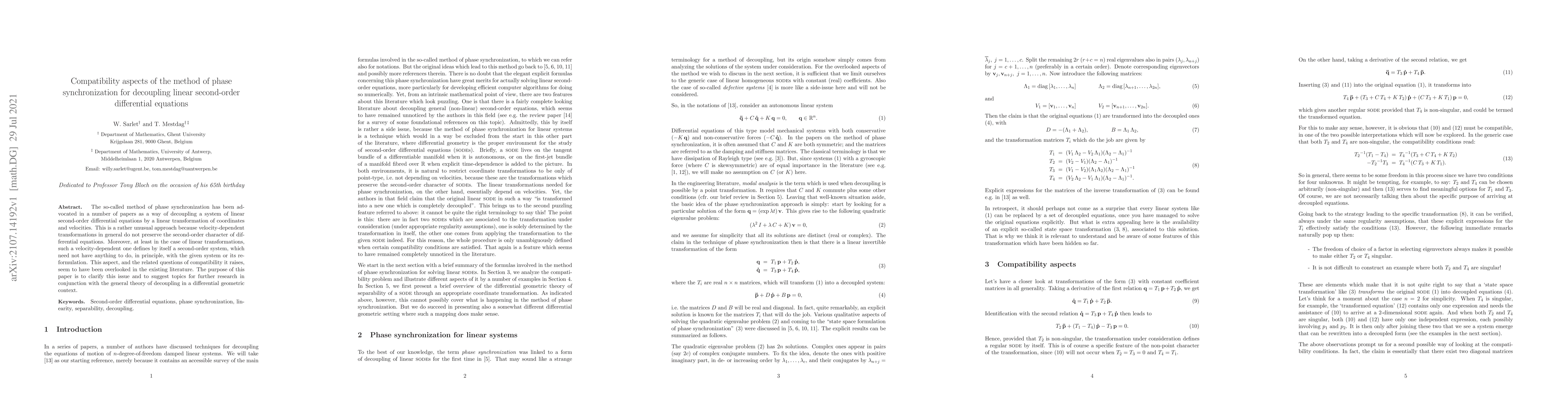 Thumbnail for Compatibility aspects of the method of phase synchronization for
  decoupling linear second-order differential equations