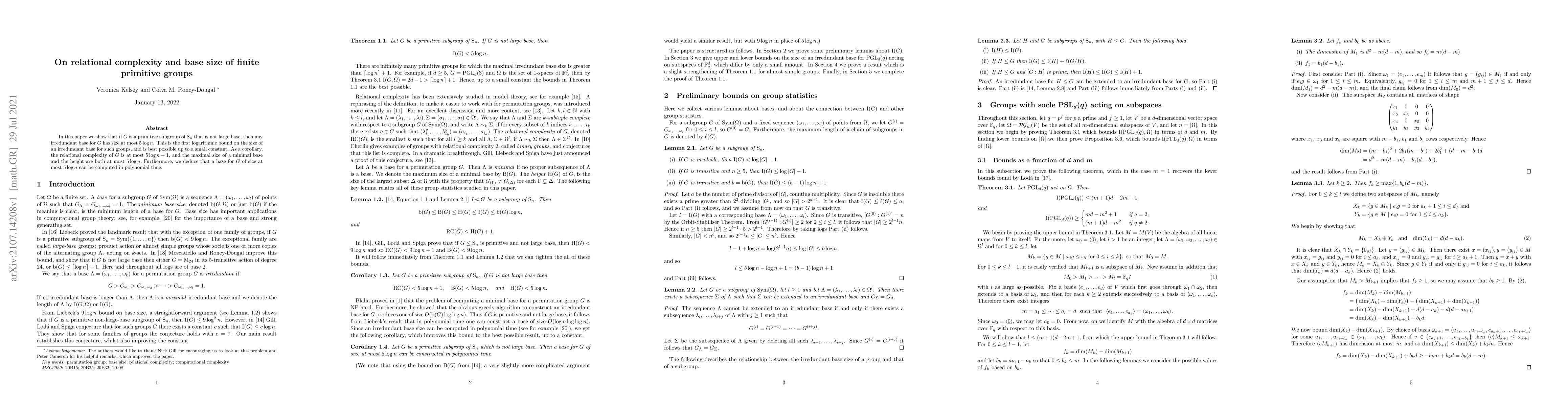 Thumbnail for On relational complexity and base size of finite primitive groups