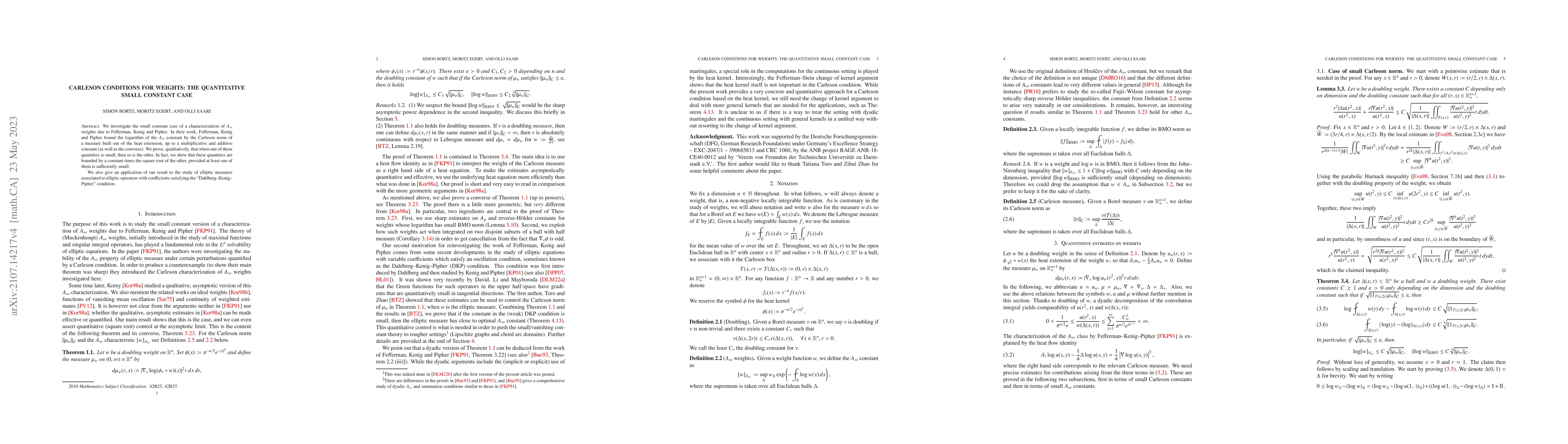 Thumbnail for Carleson Conditions for Weights: The quantitative small constant case