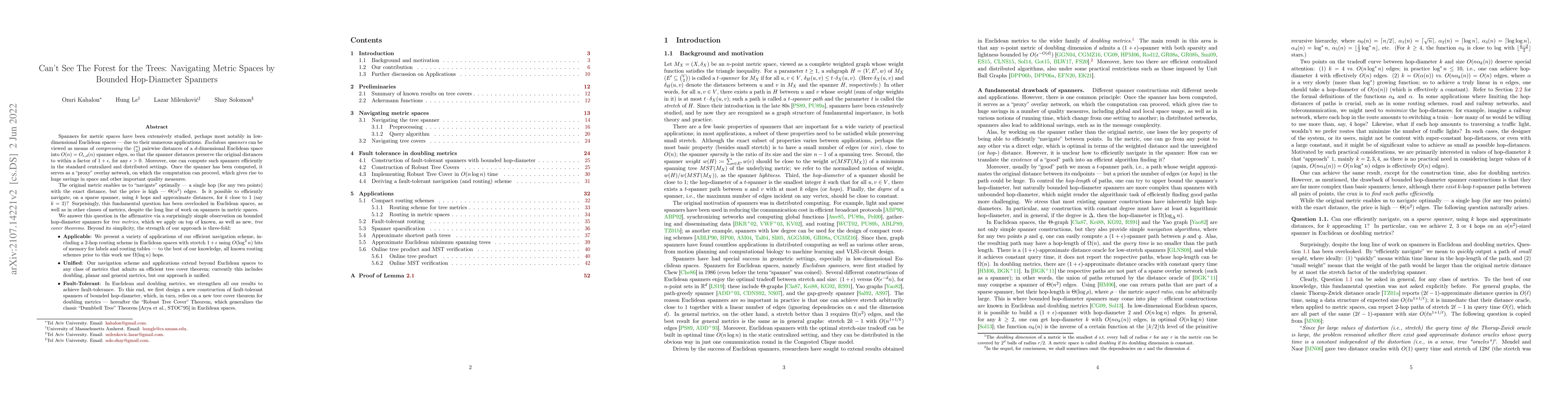 Thumbnail for Can't See The Forest for the Trees: Navigating Metric Spaces by Bounded
  Hop-Diameter Spanners