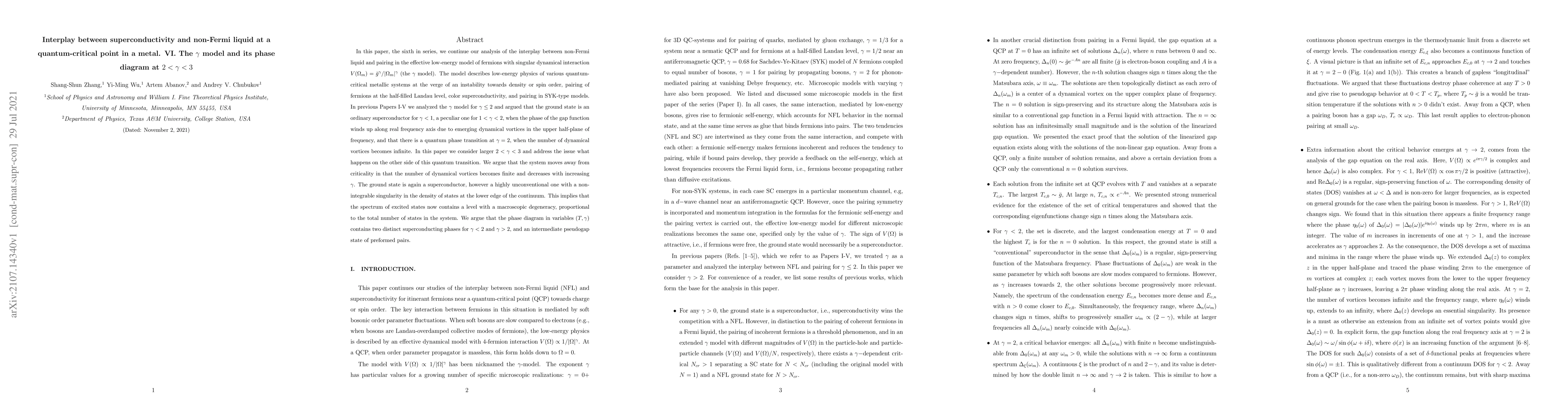 Thumbnail for Interplay between superconductivity and non-Fermi liquid at a
  quantum-critical point in a metal. VI. The $\gamma$ model and its phase
  diagram at $2 < \gamma <3$