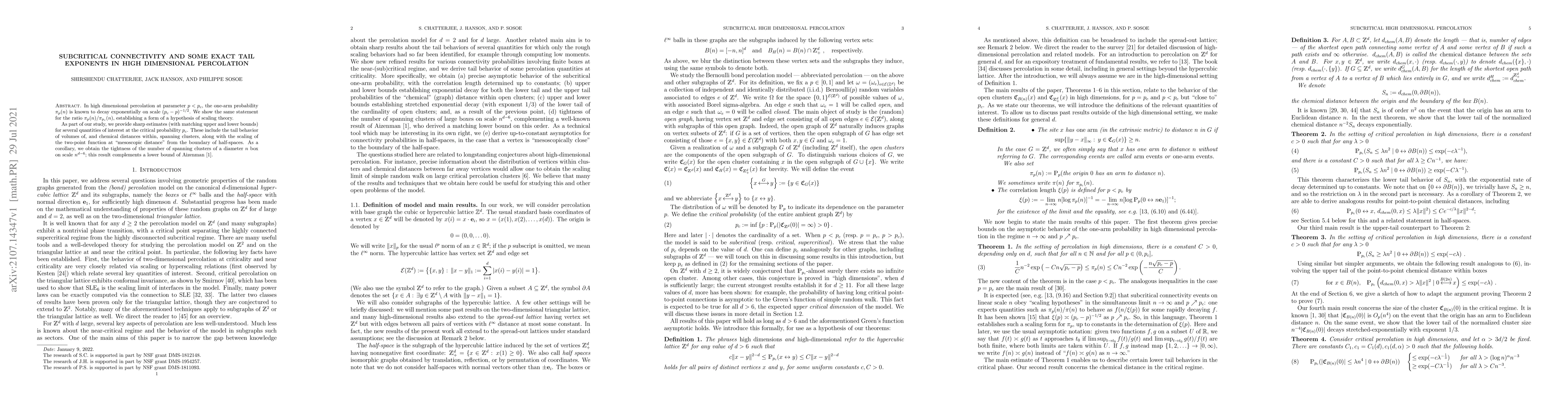 Thumbnail for Subcritical Connectivity and Some Exact Tail Exponents in High
  Dimensional Percolation