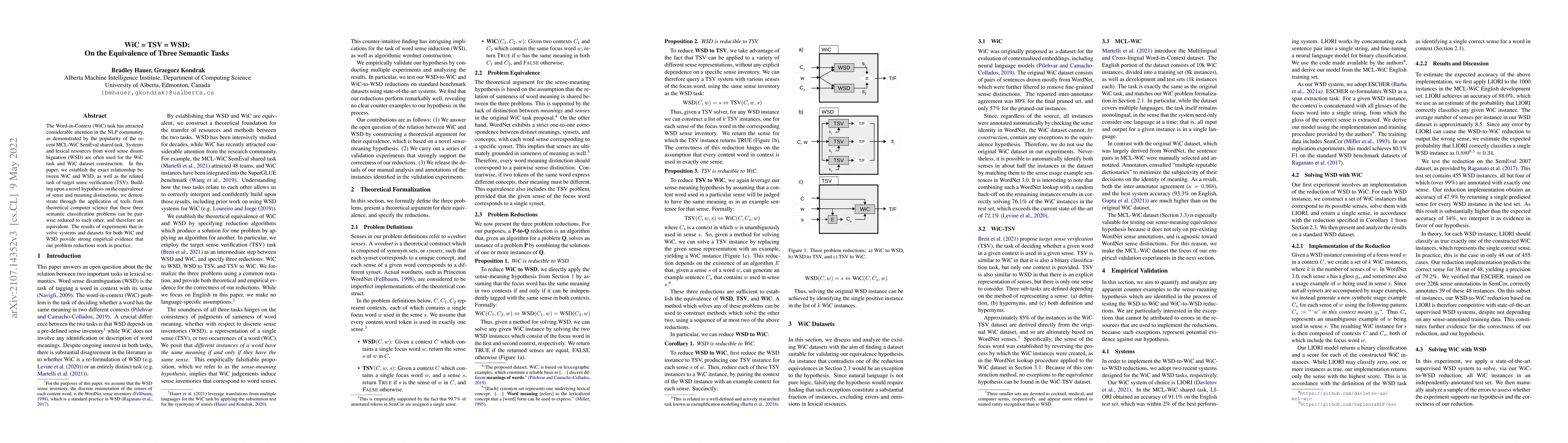 Thumbnail for WiC = TSV = WSD: On the Equivalence of Three Semantic Tasks