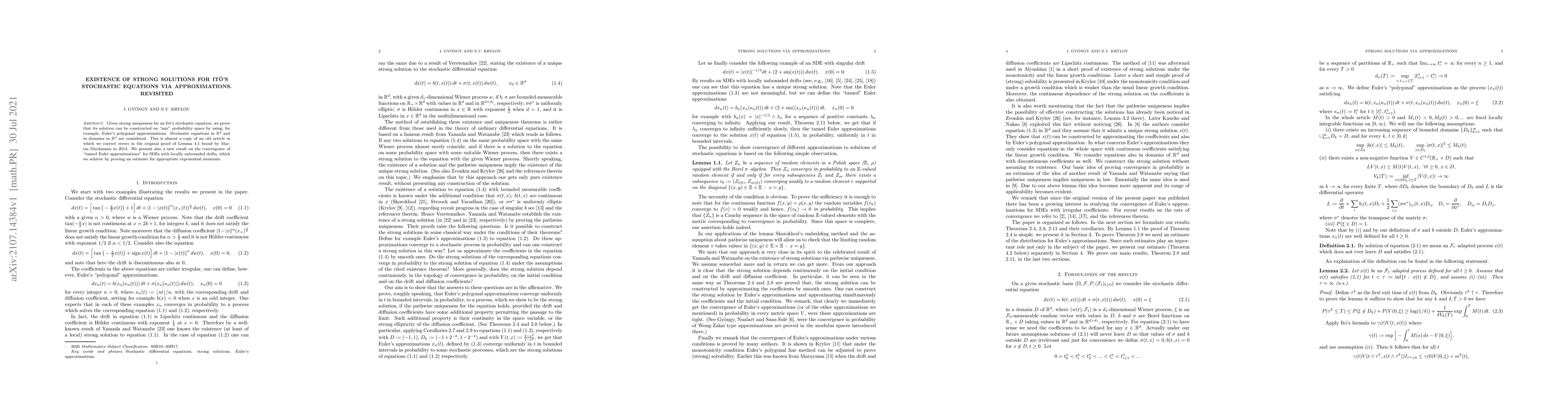 Thumbnail for Existence of strong solutions for It\^o's stochastic equations via
  approximations. Revisited