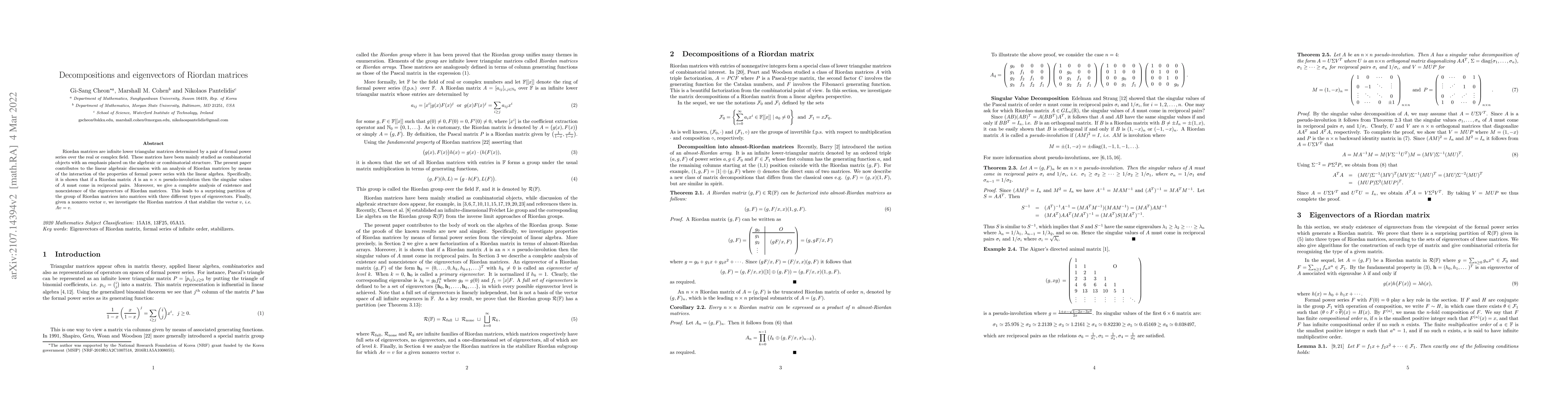 Thumbnail for Decompositions and eigenvectors of Riordan matrices