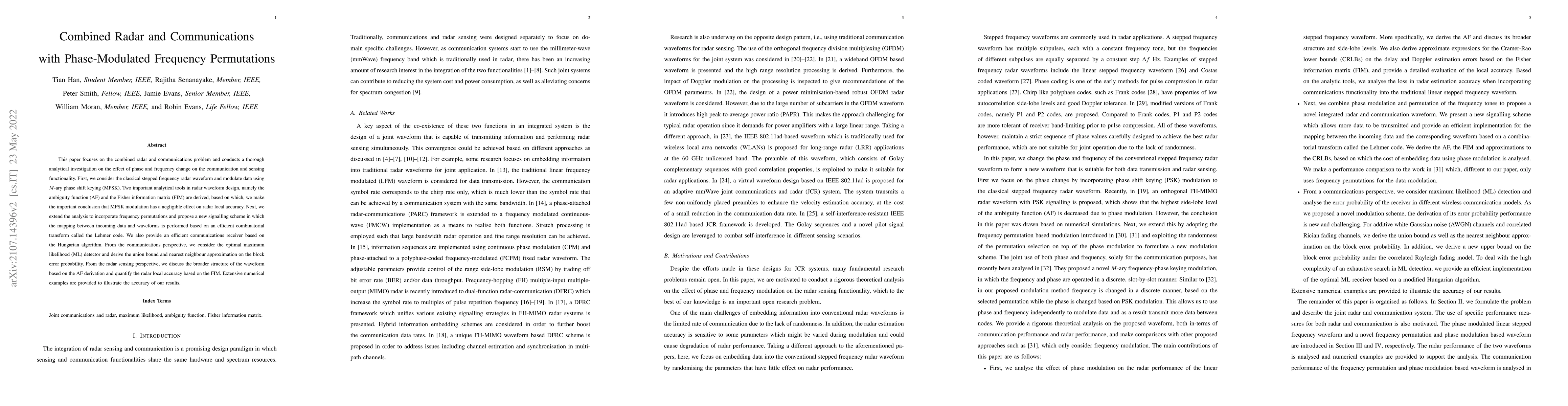 Thumbnail for Combined Radar and Communications with Phase-Modulated Frequency
  Permutations