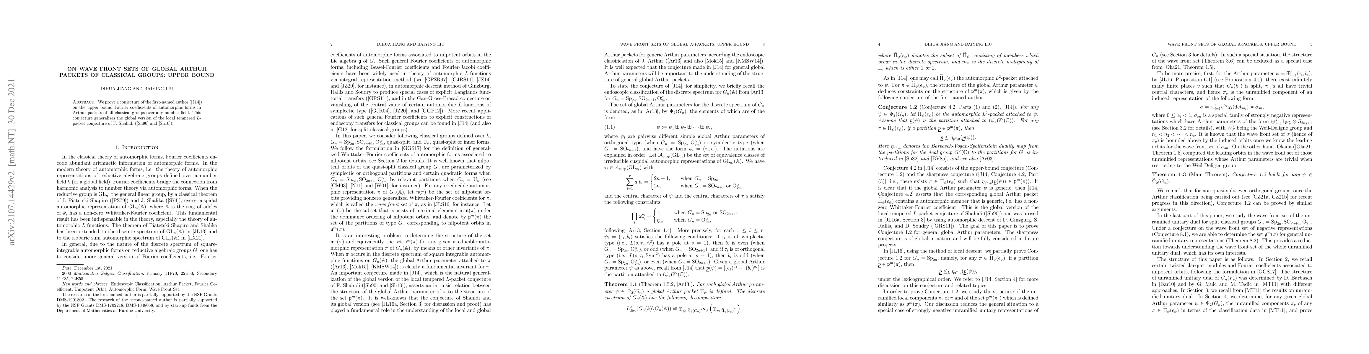 Thumbnail for On Wave Front Sets of Global Arthur Packets of Classical Groups: Upper
  Bound