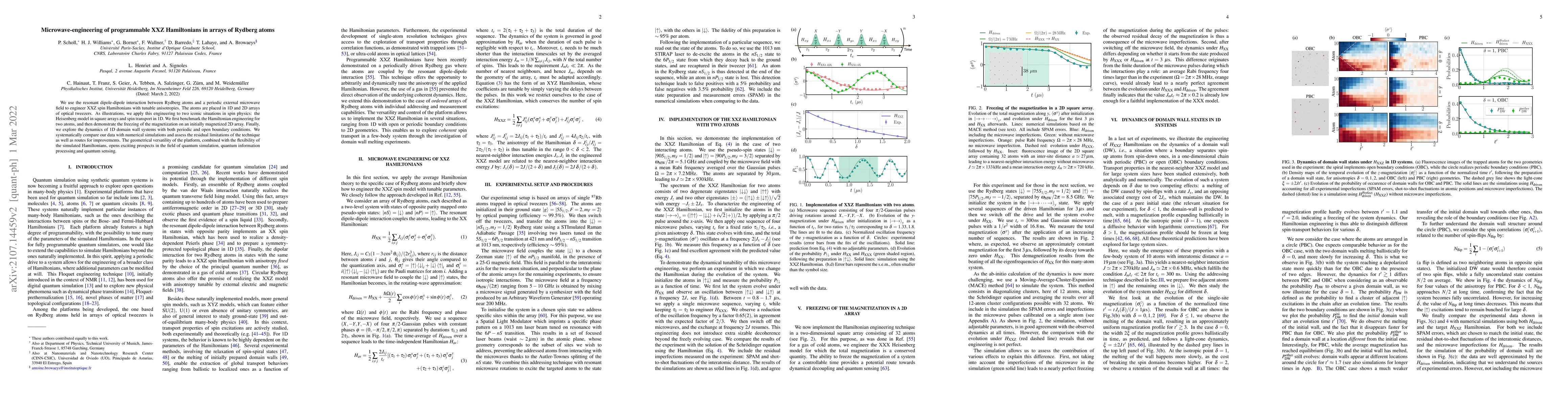 Thumbnail for Microwave-engineering of programmable XXZ Hamiltonians in arrays of
  Rydberg atoms