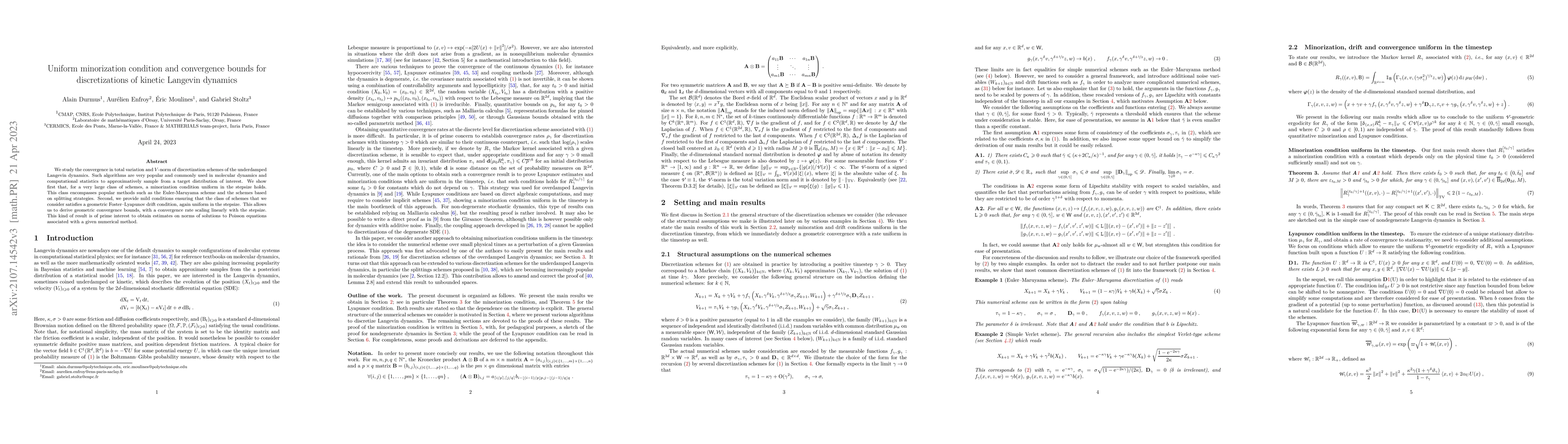 Thumbnail for Uniform minorization condition and convergence bounds for
  discretizations of kinetic Langevin dynamics
