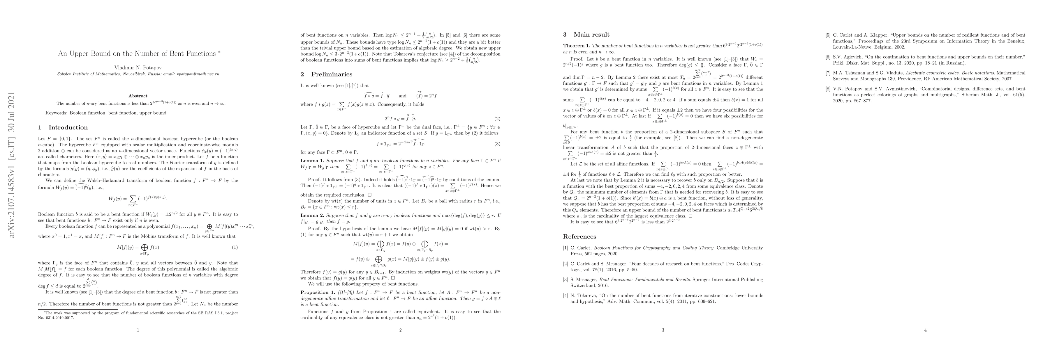 Thumbnail for An Upper Bound on the Number of Bent Functions