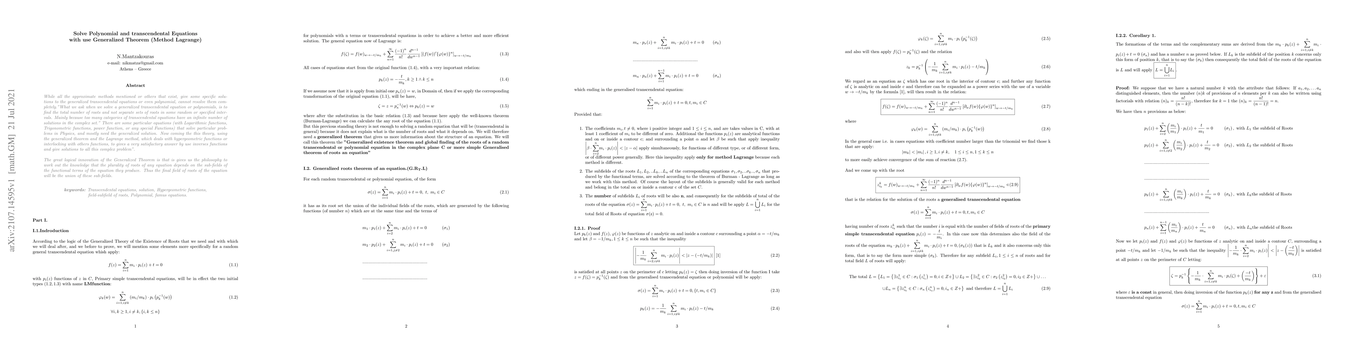 Thumbnail for Solve Polynomial and transcendental Equations with use Generalized
  Theorem (Method Lagrange)