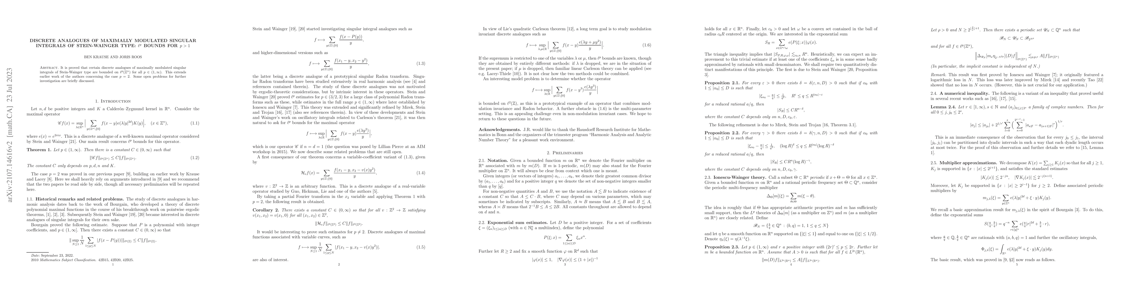 Thumbnail for Discrete analogues of maximally modulated singular integrals of
  Stein-Wainger type: $\ell^p$ bounds for $p>1$
